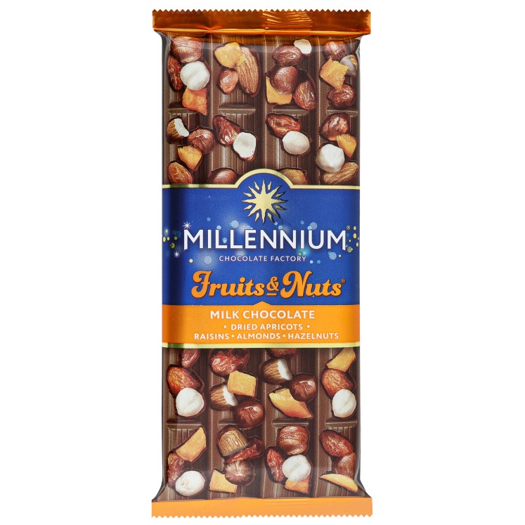 Шоколад молочный Millennium Fruits&Nuts с миндалем, целыми лесными орехами, курагой и изюмом, 90 г (856194) - фото 1