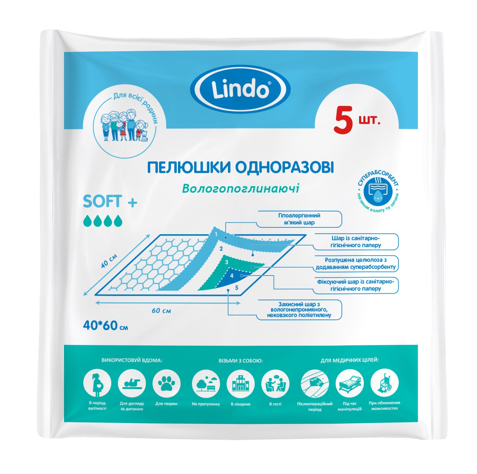 Одноразові гігієнічні пелюшки Lindo, вологопоглинаючі, 40х60 см, 5 шт. (U 51800) - фото 1