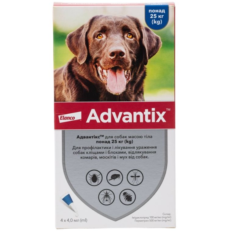 Капли Bayer Адвантикс от блох и клещей, для собак от 25 до 40 кг, 4 пипетки - фото 1