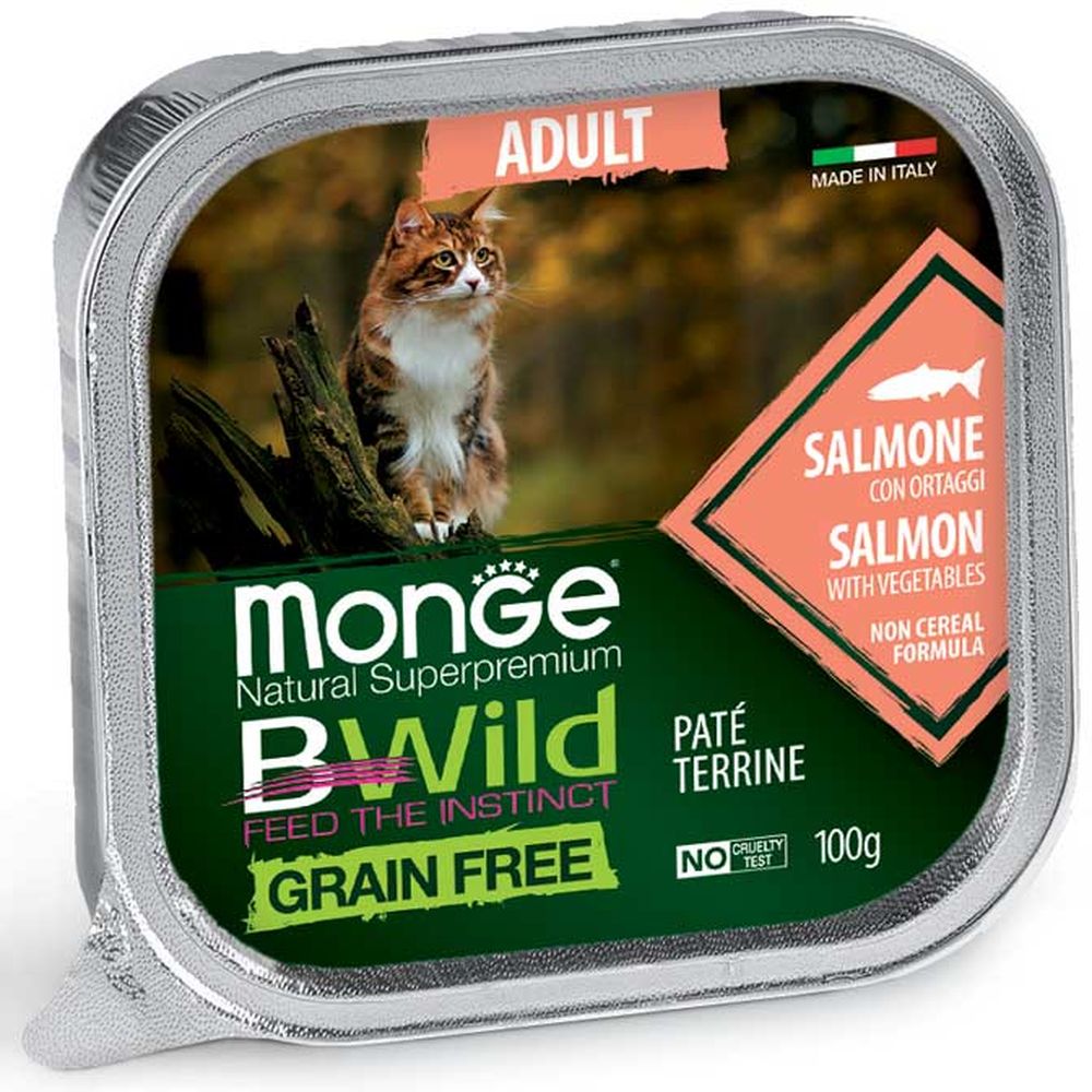 Влажный корм для котов Monge Cat Вwild Gr.Free Wet Adult, лосось с овощами, 100 г - фото 1
