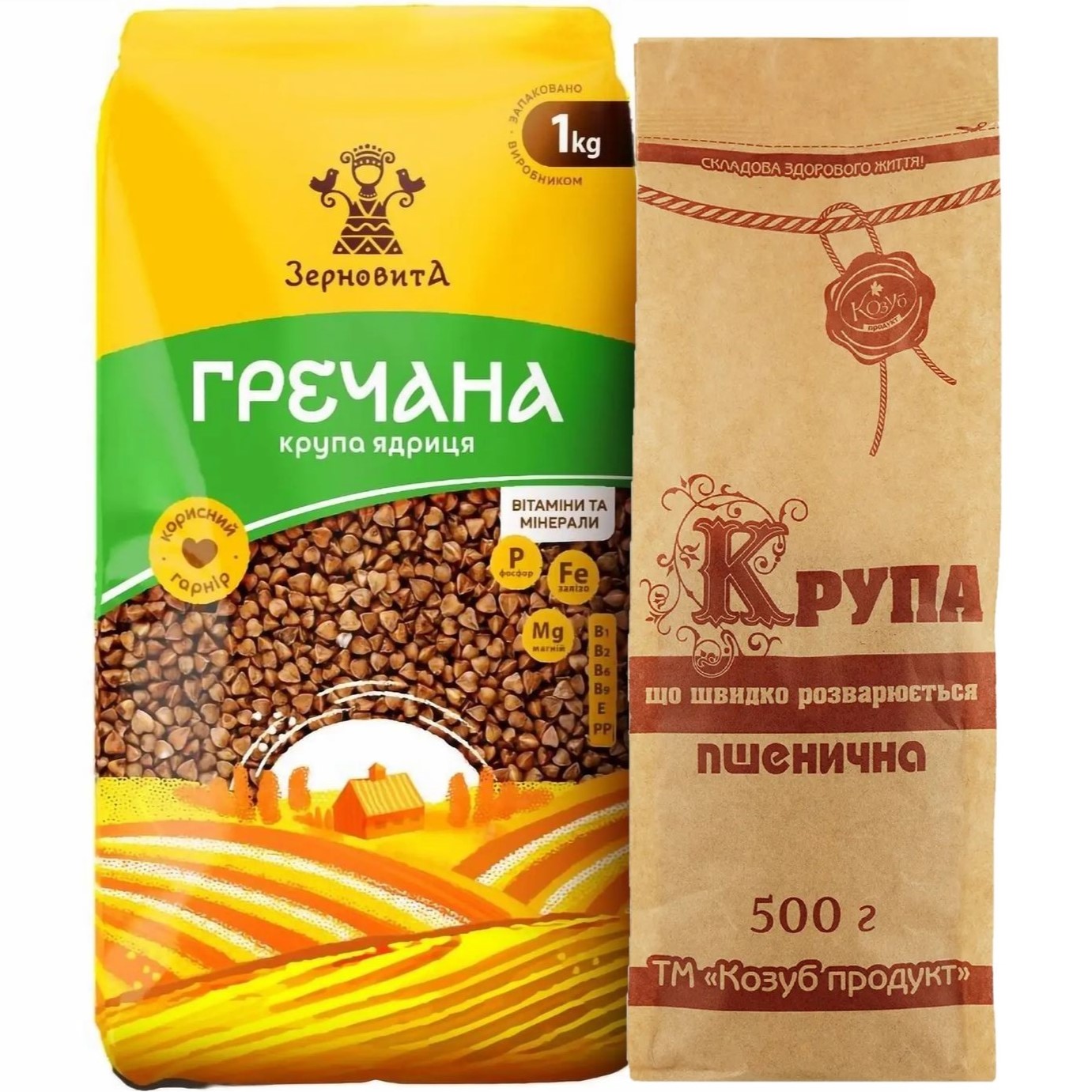 Набір: крупа гречана Зерновита 1 кг + крупа пшенична Козуб продукт швидкорозварювана 500 г - фото 1