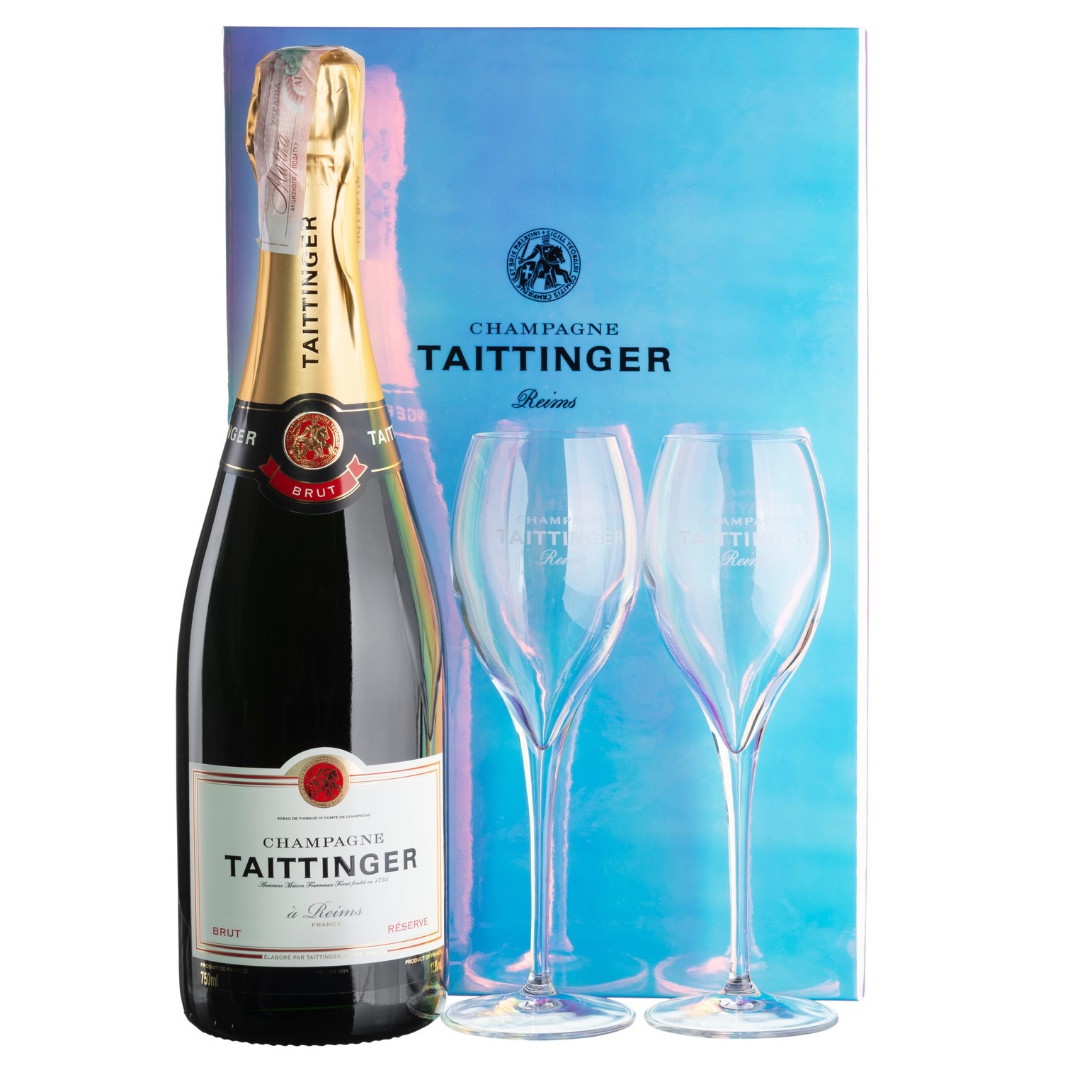 Шампанское Taittinger Brut Reserve, белое, брют, 12,5%, 0,75 л, + 2 бокала (8460) - фото 1