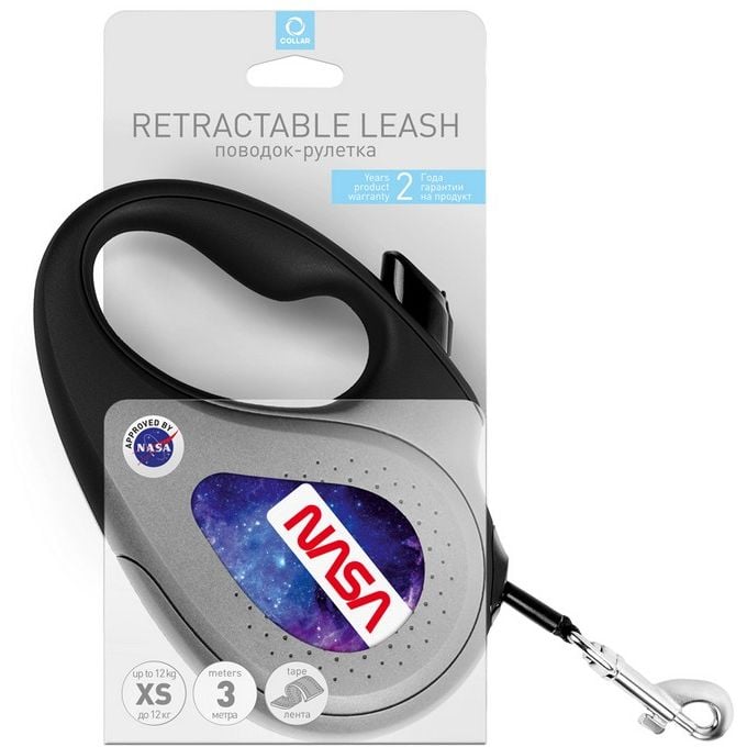 Повідець-рулетка для собак Waudog R-leash Nasa, світловідбиваючий, XS, до 12 кг, 3 м, чорний - фото 1