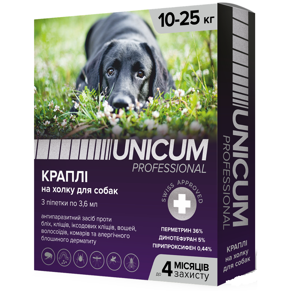 Капли Unicum PRO от блох и клещей на холку для собак от 10 кг до 25 кг, 3 пипетки (UN-087) - фото 1