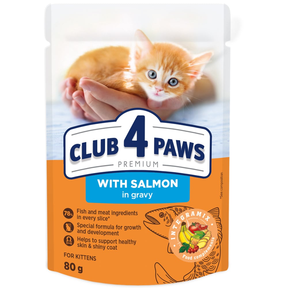 Влажный корм Club 4 Paws Premium для котят, с лососем в соусе, 80 г - фото 1