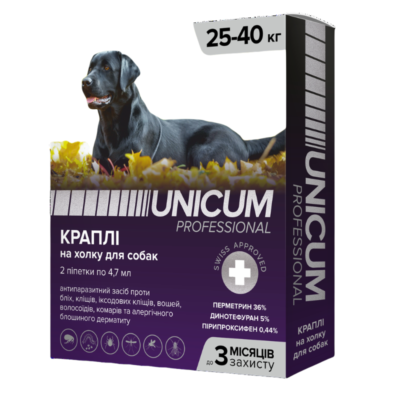 Краплі Unicum PRO від бліх та кліщів на холку для собак від 25 кг до 40 кг, 2 піпетки (UN-088) - фото 1