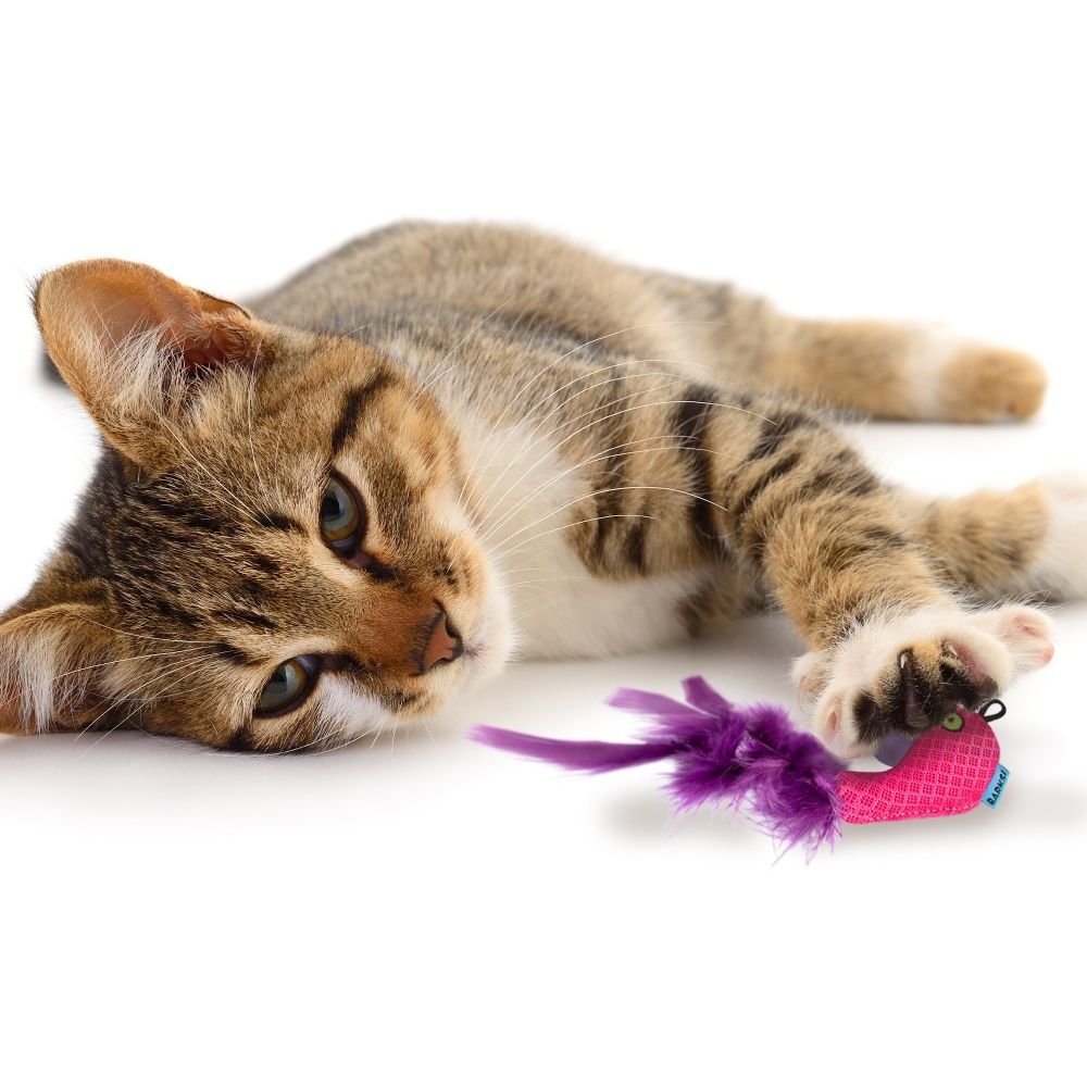 Игрушка для кошек Barksi Рыбка с колокольчиком и перьями 8х5 см розовая - фото 5