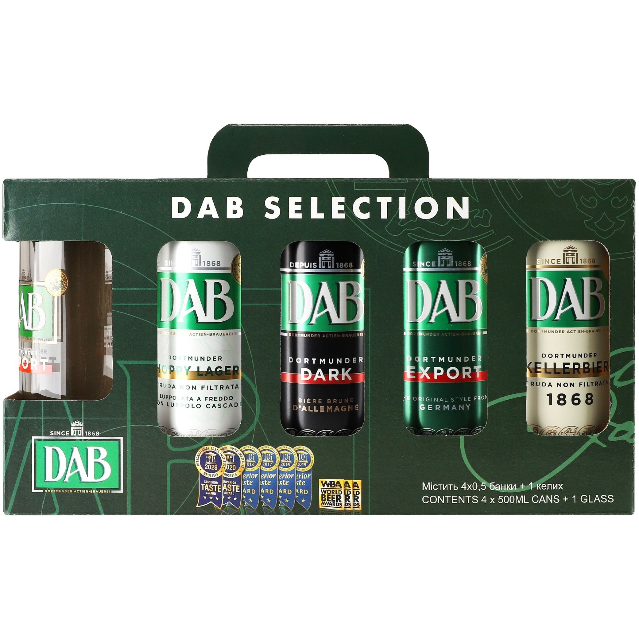 Набор: пиво DAB export 0.5л + DAB темное 0.5л + DAB kellerbier 0.5л + DAB Hoppy Lager 0.5л + бокал - фото 2