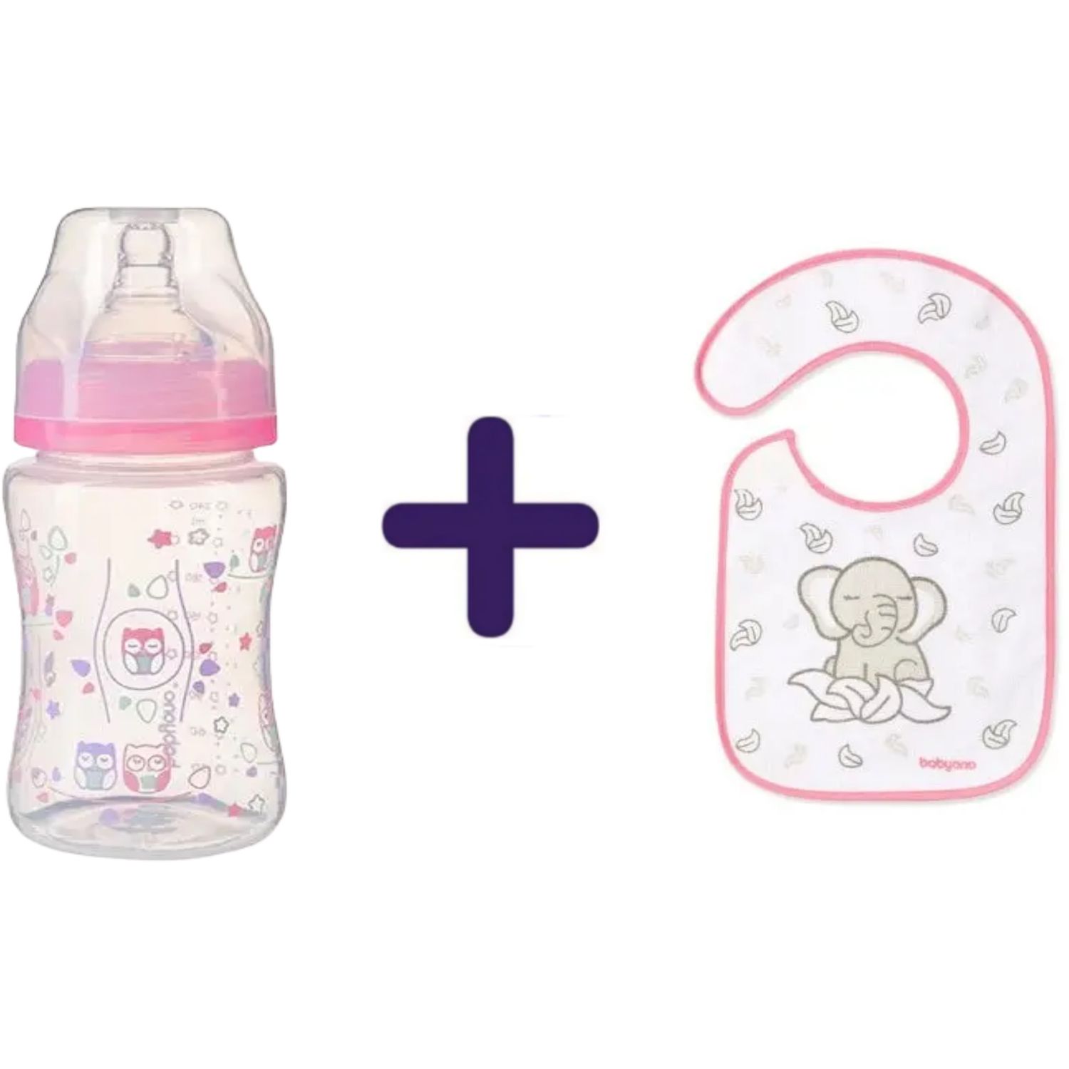 Набір: Пляшка для годування BabyOno, 240 мл, рожевий (403) + Слинявчик-нагрудник махровий BabyOno Flavour Explorer Слон, рожевий (832) - фото 1