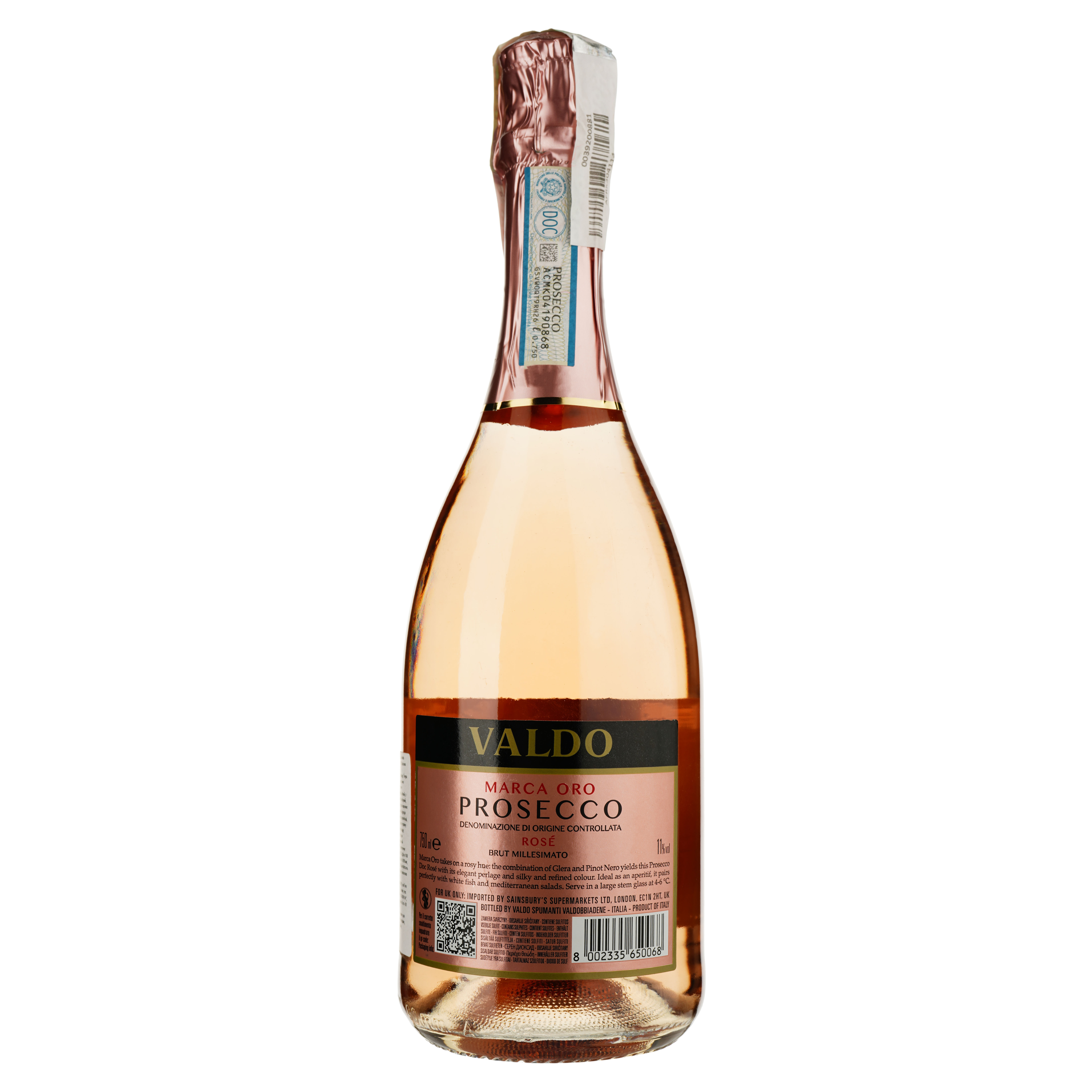 Ігристе вино Valdo Marca Oro Prosecco DOC Rose Brut Millesimato, рожеве, брют, 0,75 л - фото 2
