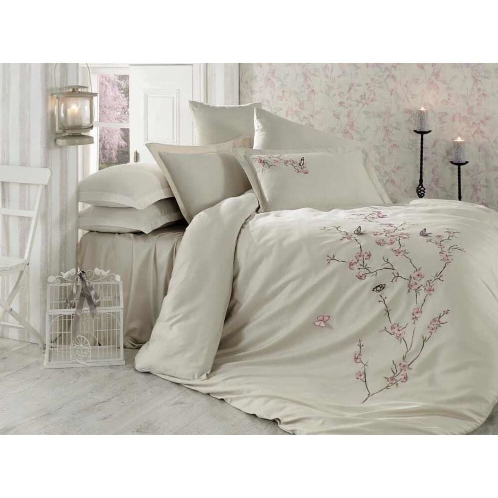 Комплект постільної білизни Dantela Vita Butterfly Beige з вишивкою Євро Різнобарвний 000230376 - фото 1