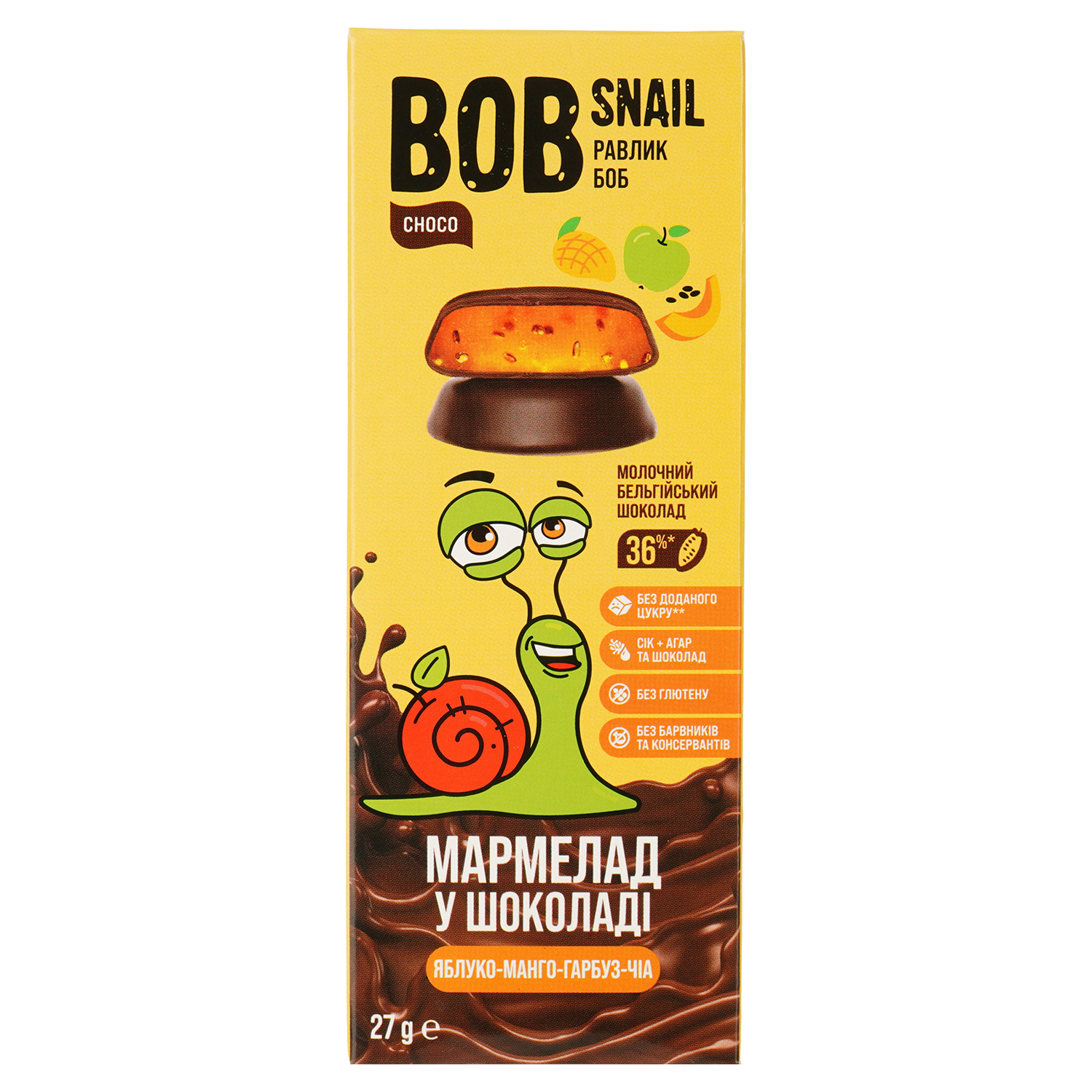 Фруктово-овощной мармелад Bob Snail Яблоко-Манго-Тыква-Чиа в бельгийском молочном шоколаде 27 г - фото 1