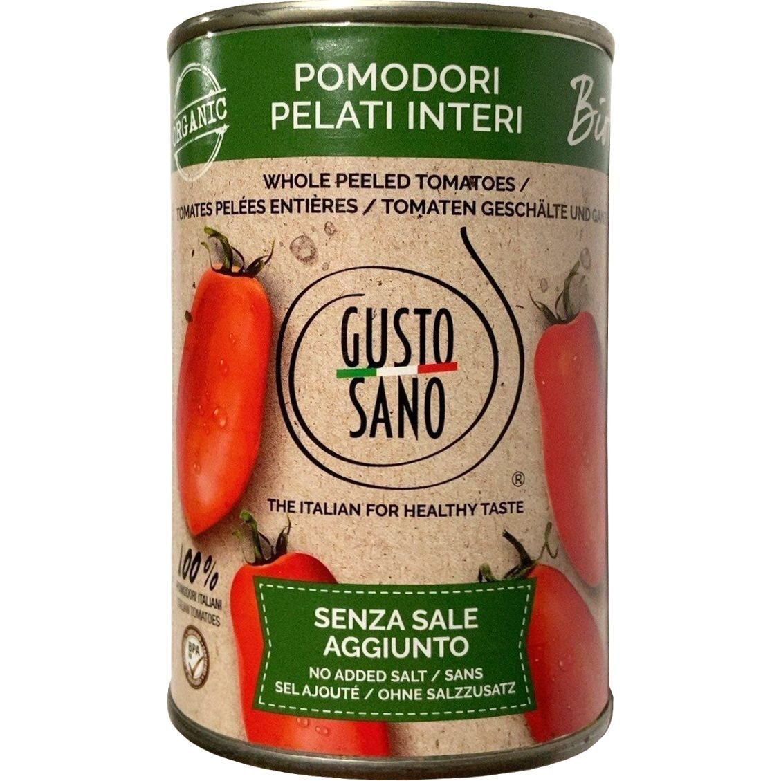 Томаты очищенные целые Gusto Sano Whole Peeled Tomatoes органические 400 г - фото 1
