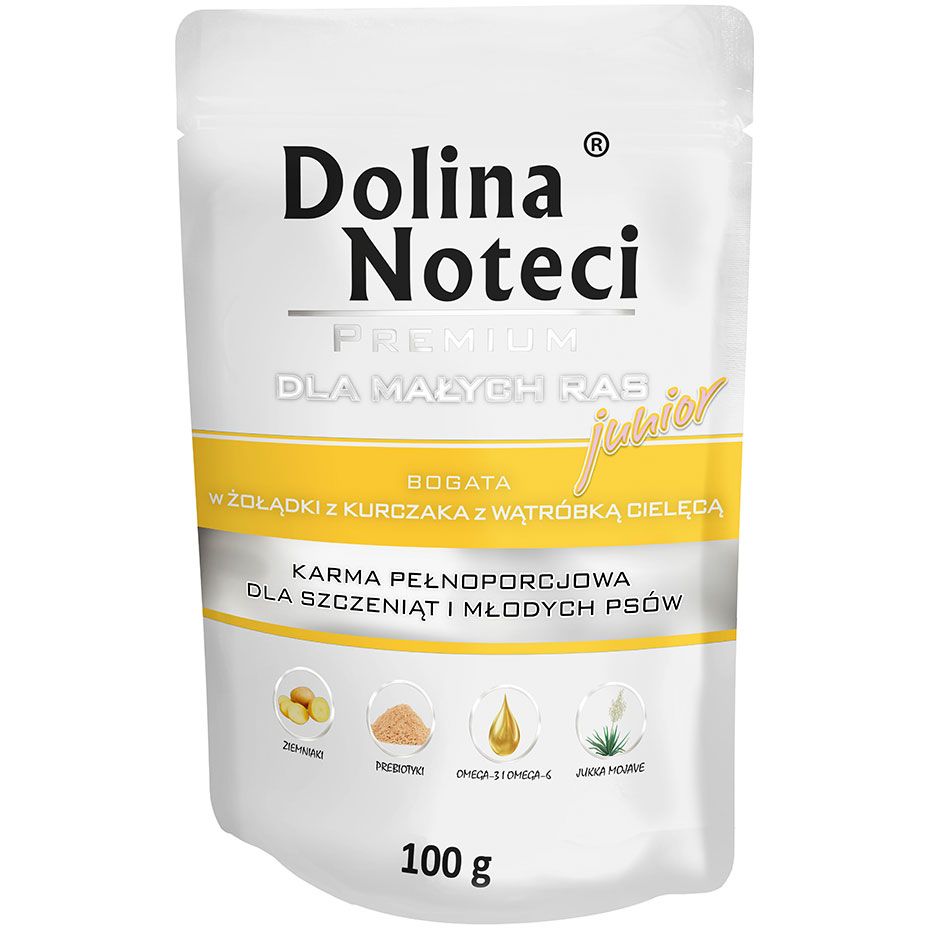 Вологий корм для цуценят та юніорів малих порід Dolina Noteci Premium, з курячим шлунком та печінкою теляти, 100 гр - фото 1