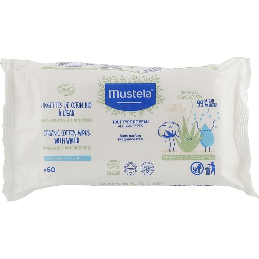 Влажные салфетки Mustela Baby Organic Cotton Wipes with Water 60 шт. - фото 1