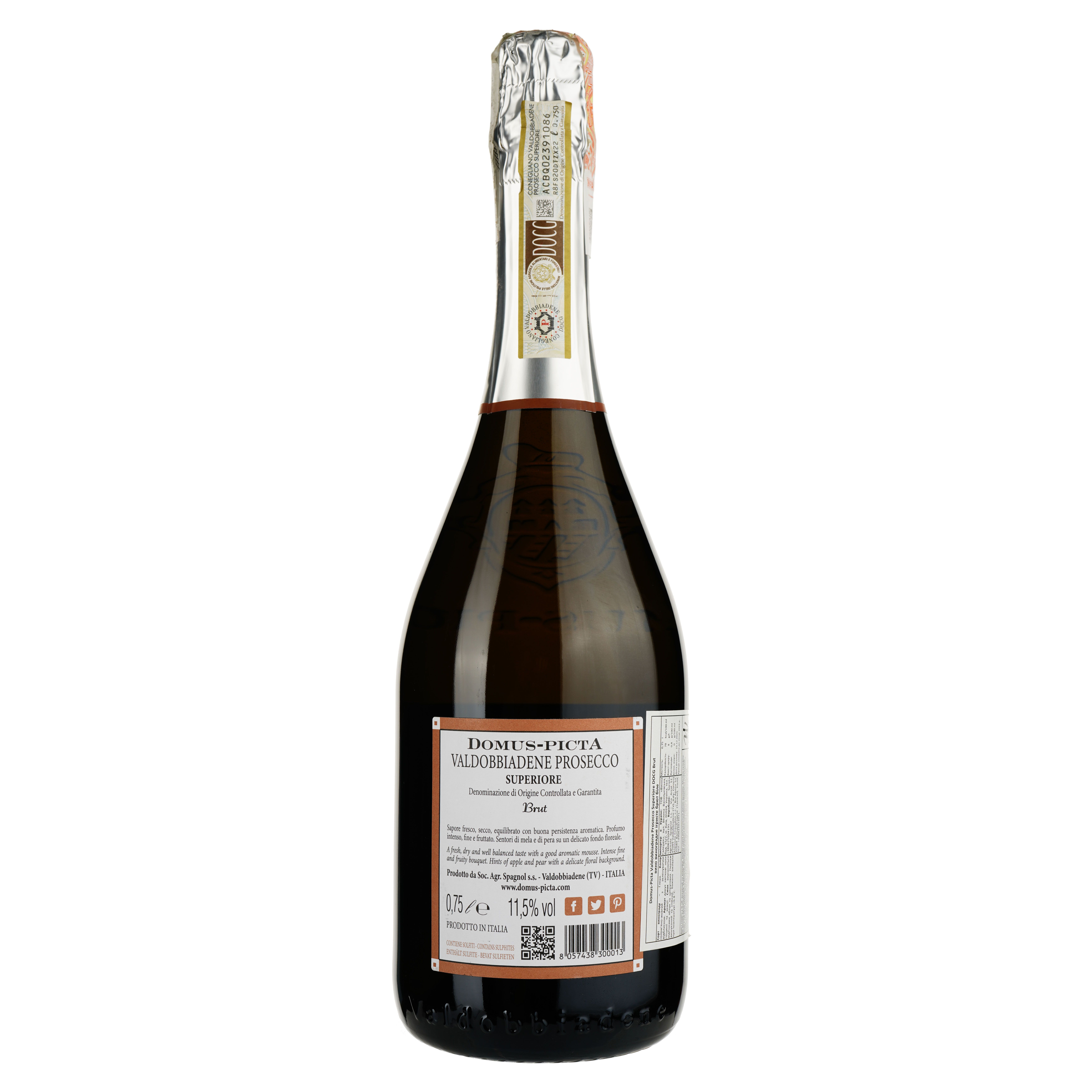 Игристое вино Domus-pictA Valdobbiadene Prosecco Superiore DOCG Brut, белое, брют, 0,75 л - фото 2
