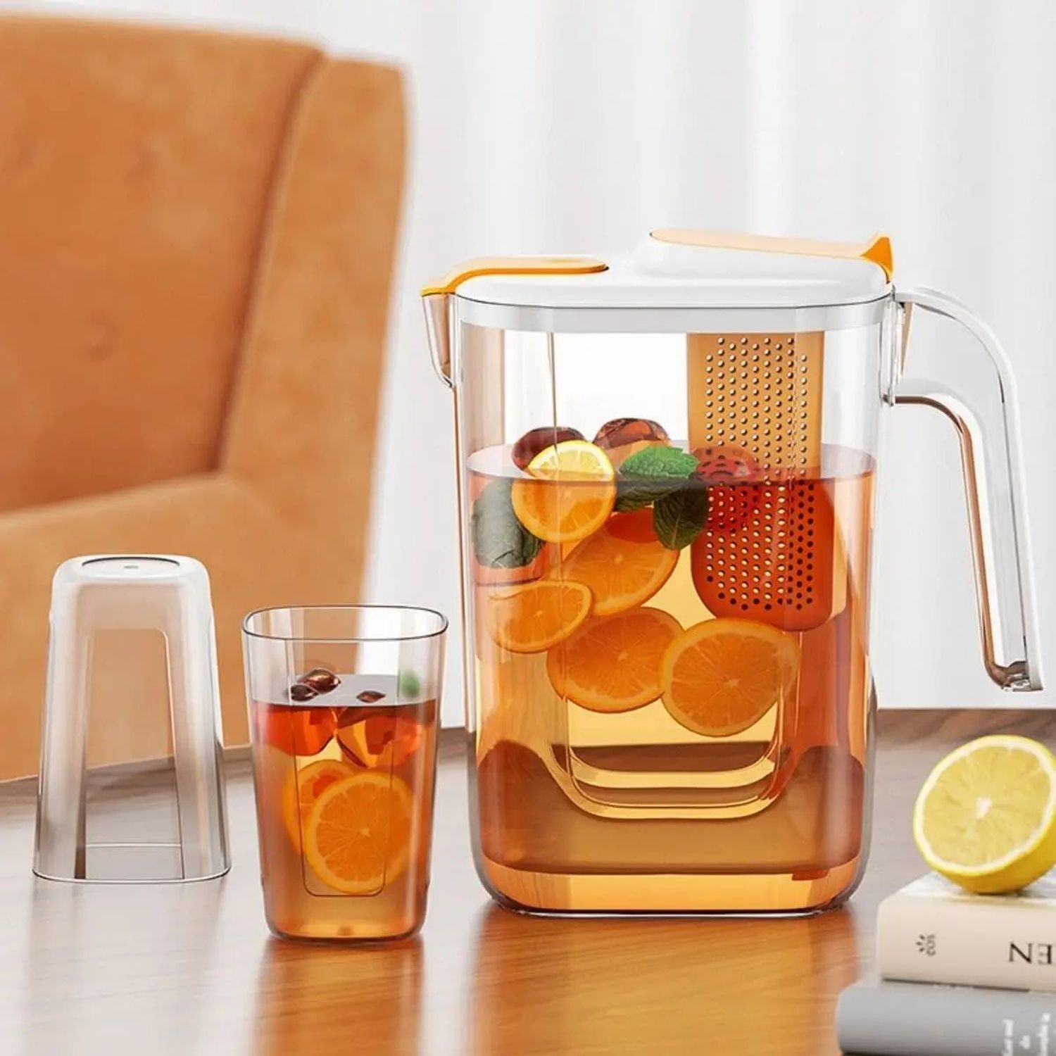 Набір для напоїв Supretto пластиковий глечик із фільтром і 4 склянки прозорий із помаранчевим (83890001) - фото 8