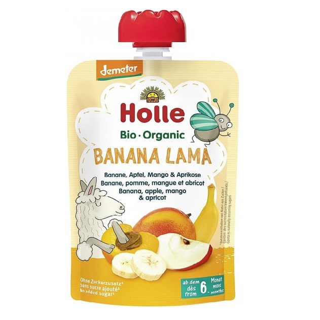 Фото - Дитяче харчування Holle Пюре  Banana-Lama, з бананом, яблуком, манго та абрикосом, 100 г 