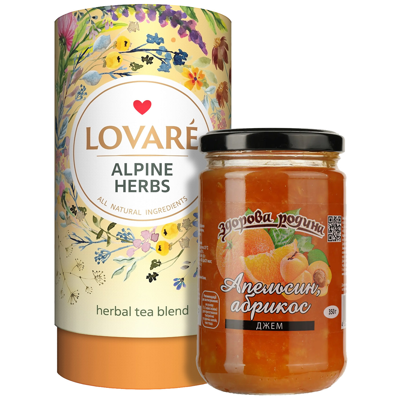 Набор: Смесь травяного чая Lovare Alpine Herbs 80 г + Джем Здорова родина Апельсин-абрикос 350 г - фото 1