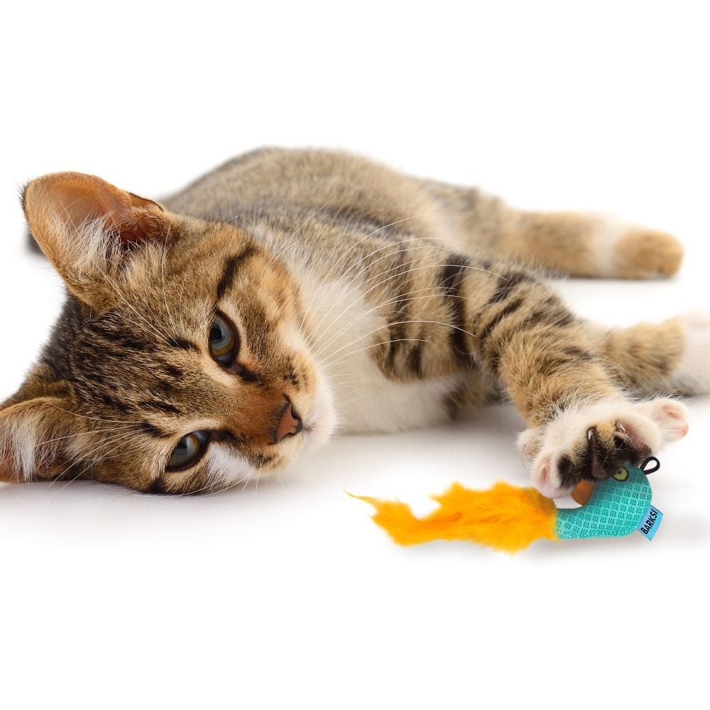 Игрушка для кошек Barksi Рыбка с колокольчиком и перьями 8х5 см ментоловая - фото 6