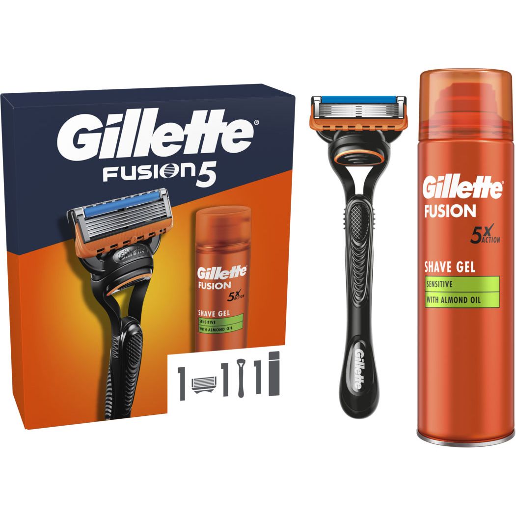 Подарунковий набір: Станок для гоління чоловічий Gillette Fusion5 з 1 змінним картриджем + Гель для гоління Gillette Fusion5 для чутливої шкіри 200 мл - фото 1