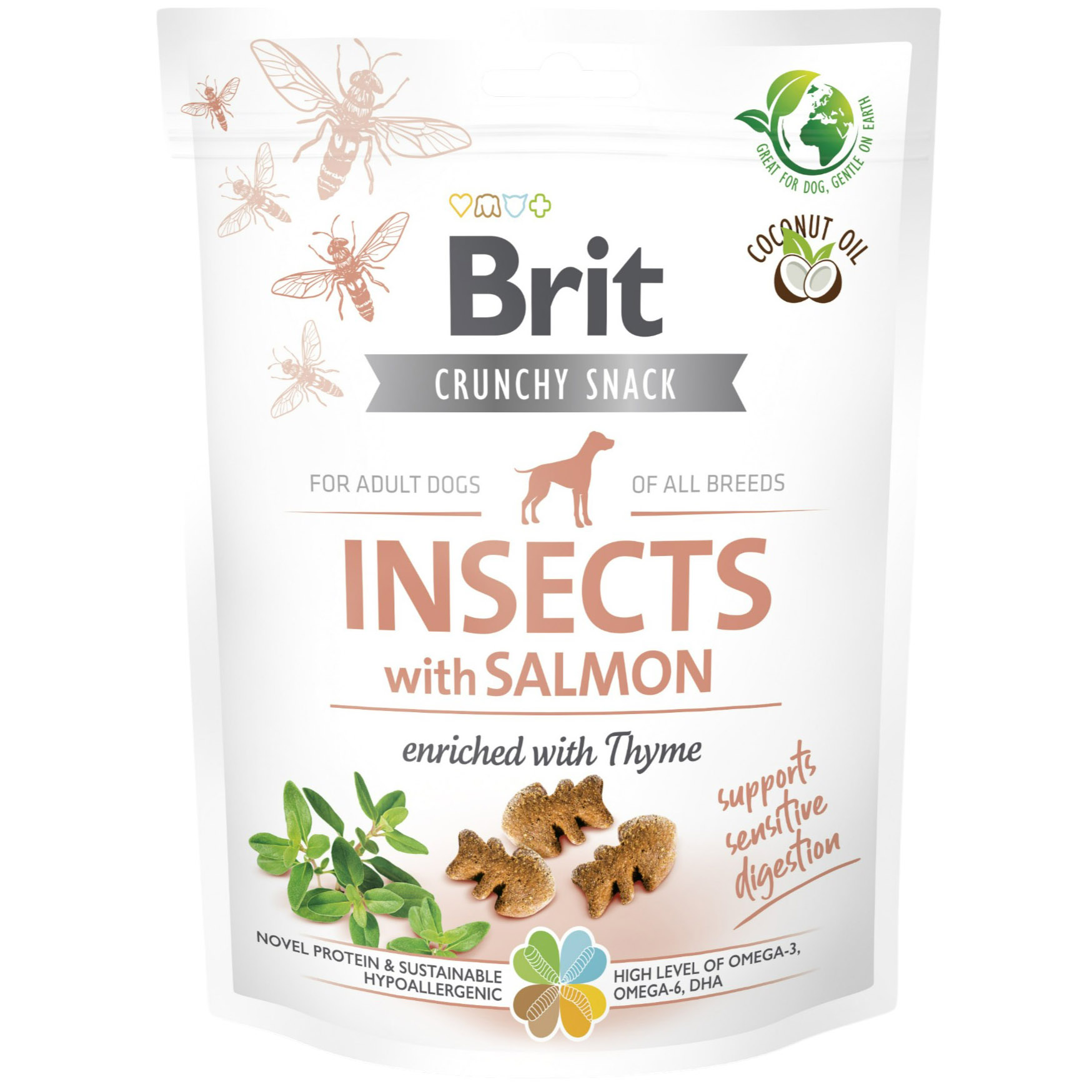 Лакомство для собак Brit Care Dog Crunchy Snack Insects with Salmon для чувствительного пищеварения, насекомые, лосось и чабрец 200 г - фото 1