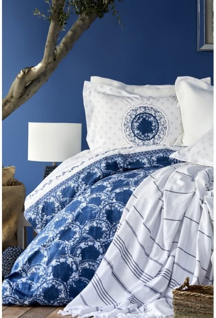 Набор постельное белье с покрывалом и пике Karaca Home Belina mavi, евро, голубой, 8 предметов (svt-2000022225717) - фото 1