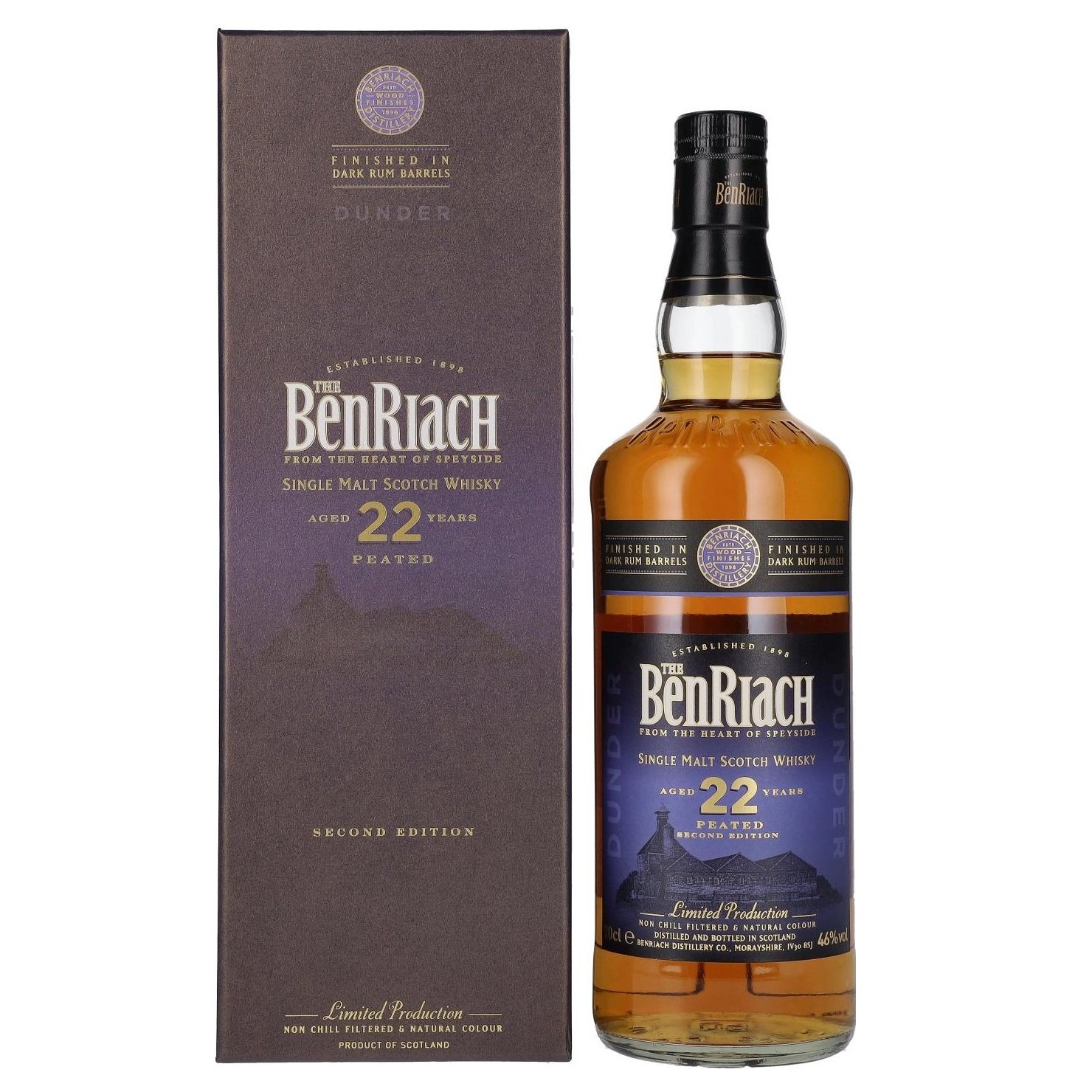 Виски BenRiach Peated Dark Rum Dunder Single Malt Scotch Whisky 22 года, в подарочной упаковке, 46%, 0,7 л - фото 1
