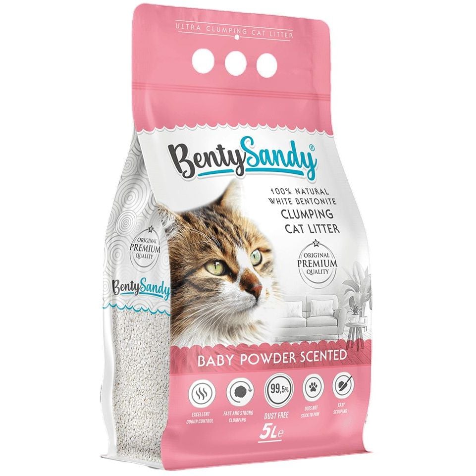Наполнитель для кошачьего туалета Benty Sandy Baby Powder Scented бентонитовый с ароматом детской присыпки цветные гранулы 5 л - фото 1
