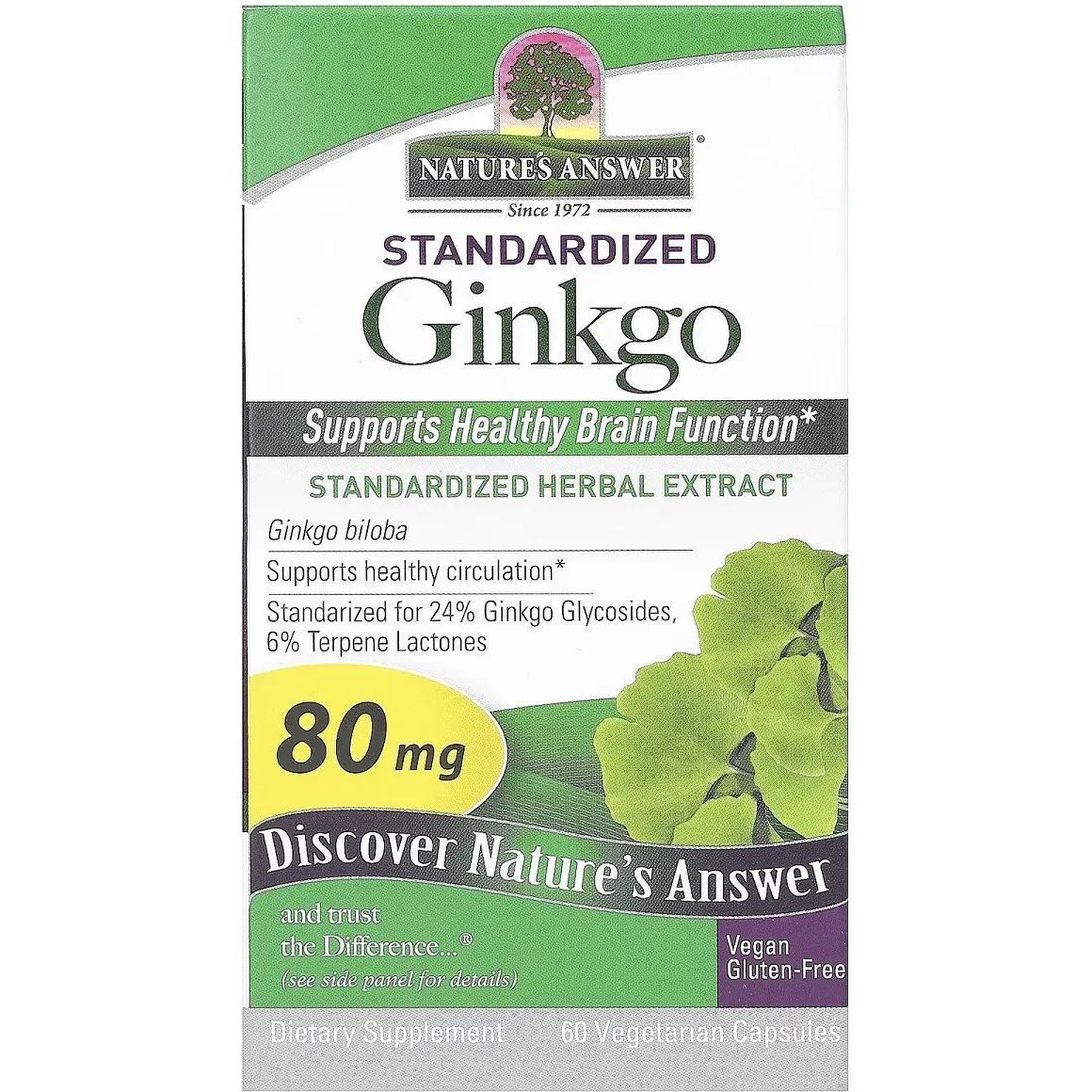 Гинкго Билоба Nature's Answer Standardized Ginkgo 80 мг 60 вегетарианских капсул - фото 2