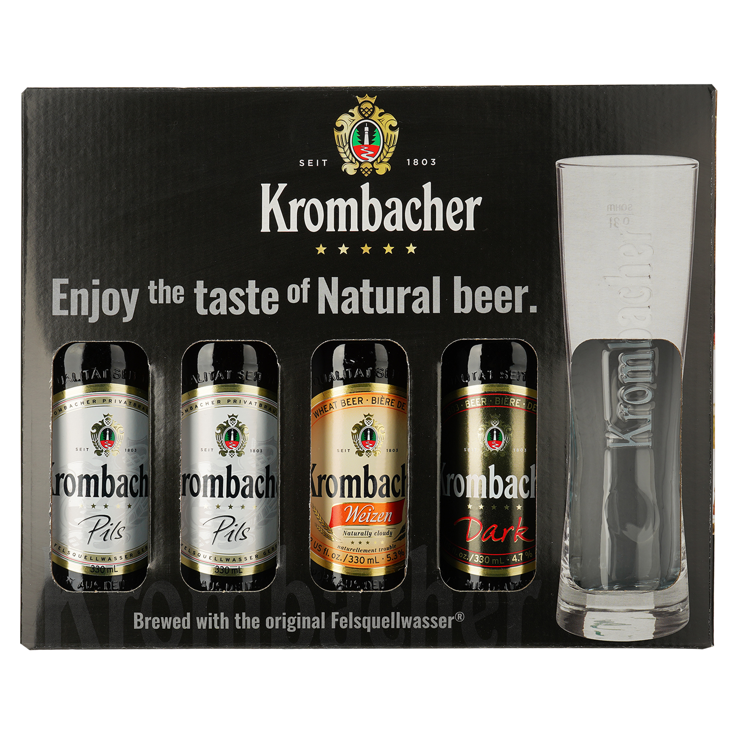 Набір пива Krombacher (Pils 2 шт. х 0.33 л, Weizen 1 шт. х 0.33 л, Dark 1 шт. х 0.33 л) + келих - фото 1