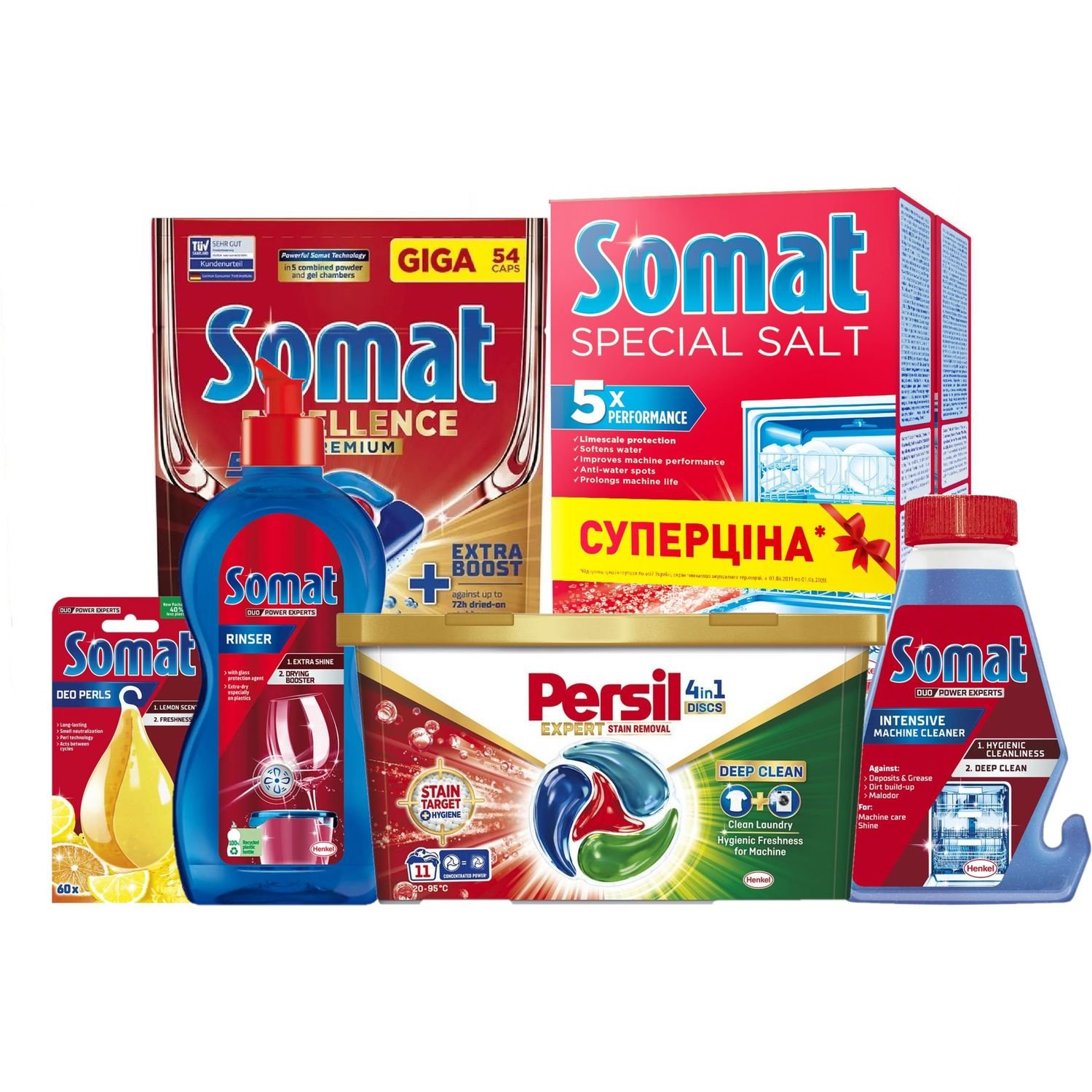 Набір засобів для посудомийної машини Somat 5 шт. + диски для прання Persil Expert Deep Clean Stain Removal 4 in 1 Discs 11 шт. - фото 1