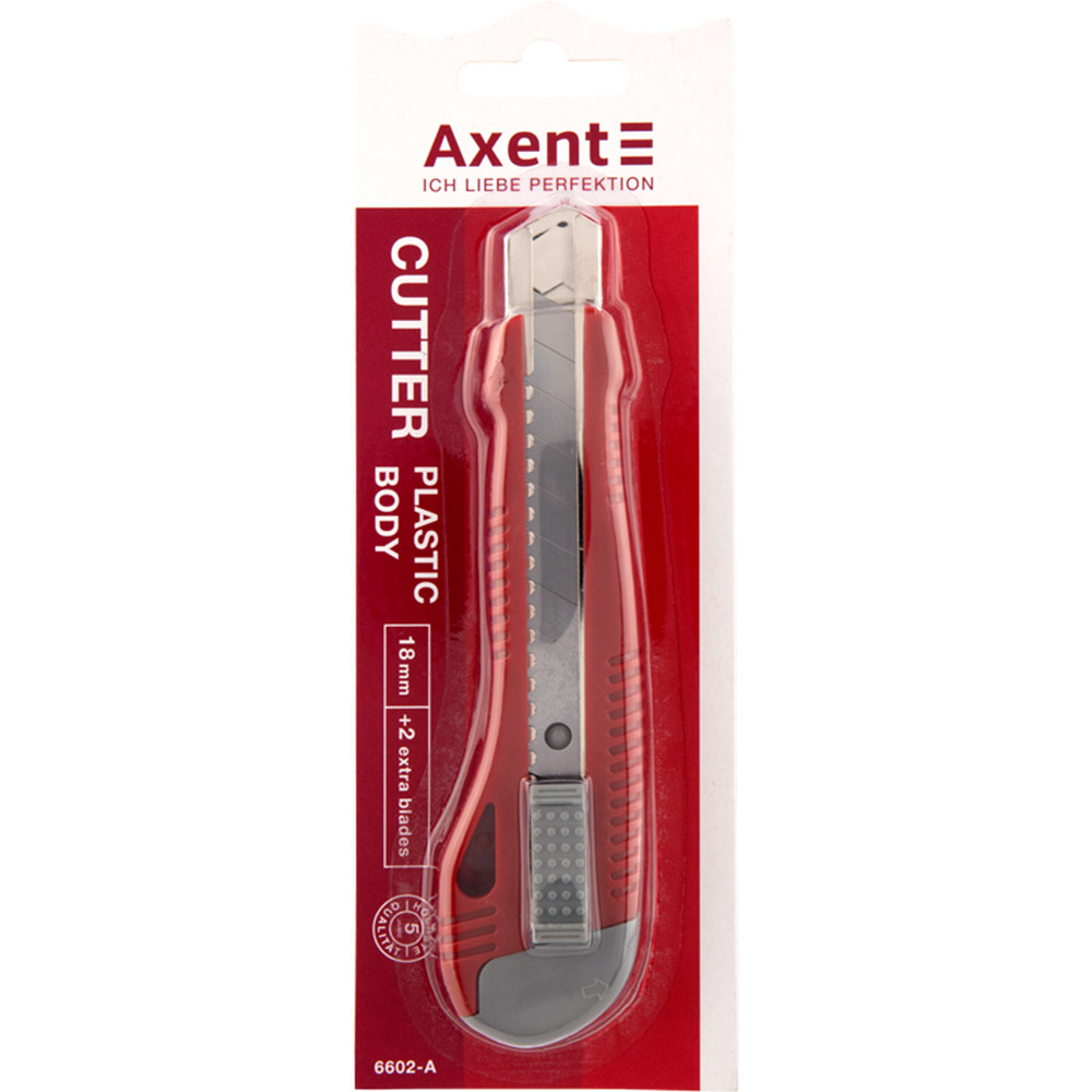 Нож канцелярский Axent с автофиксатором красный + 2 лезвия (6602-A) - фото 1
