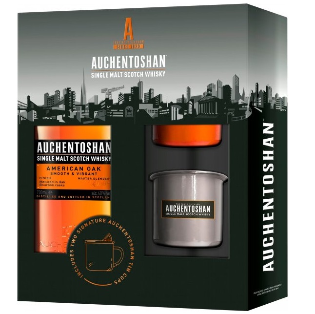 Виски Auchentoshan American Oak Single Malt Scotch Whisky + 2 чашки в коробке, 40%, 0,7 л - фото 1