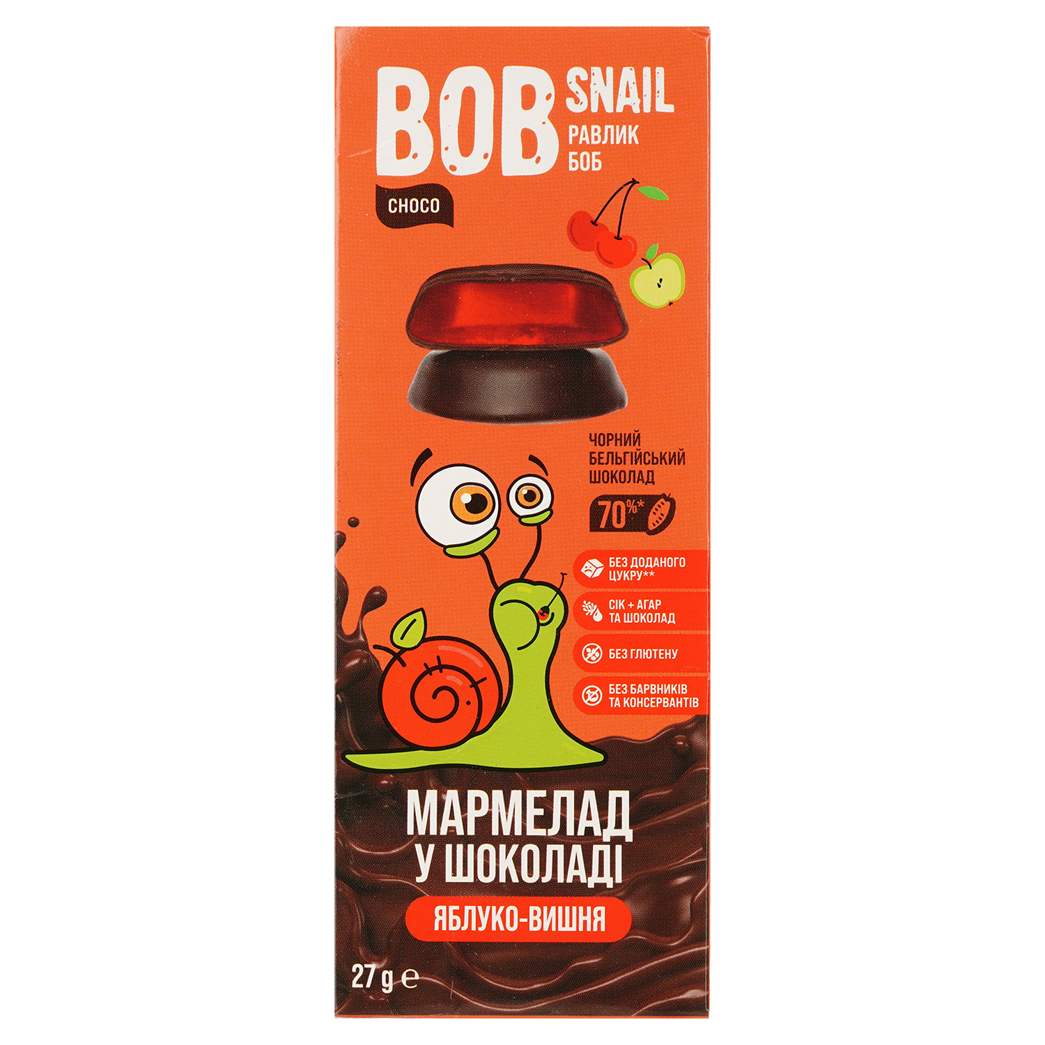 Фруктово-ягідний мармелад Bob Snail Яблуко-Вишня в бельгійському чорному шоколаді 27 г - фото 1