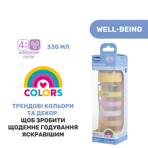 Пляшечка для годування Chicco Well-Being Colors, з силіконовою соскою 4м+, 330 мл, жовта (28637.11) - фото 8