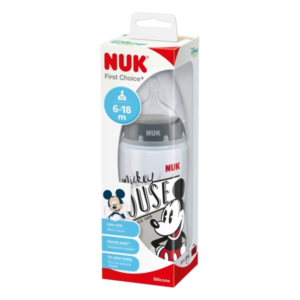 Бутылочка Nuk Микки Маус FC, с широким горлышком, с силиконовой соской, 6-18 мес., 300 мл, серый (3952949) - фото 2