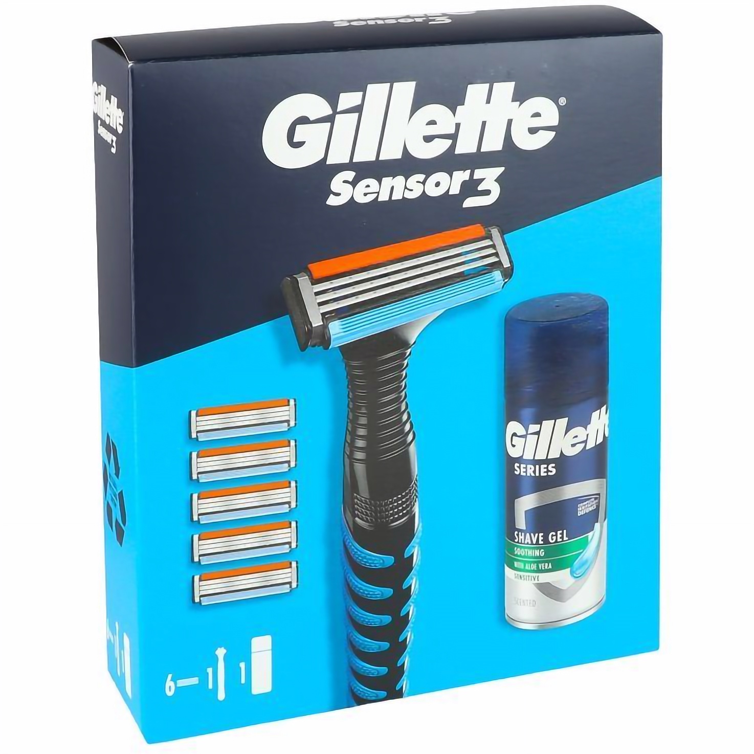 Подарочный набор для мужчин Gillette: бритва Sensor3 + сменные катриджи для бритья 5 шт. + гель для бритья Series Sensitive 75 мл - фото 2