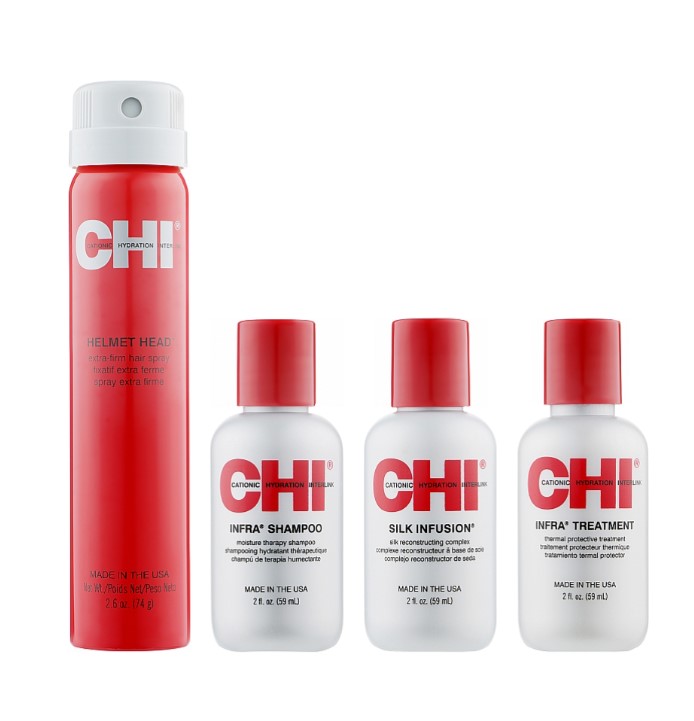 Набір CHI Protect & Hold Travel Kit Кондиціонер CHI Infra Treatment 59 мл + Відновлювальний комплекс для волосся з шовком CHI Silk Infusion 59 мл + Шампунь CHI Infra Shampoo 59 мл + Лак для волосся CHI Helmet Head Extra Firm Hair Spray 74 мл - фото 2