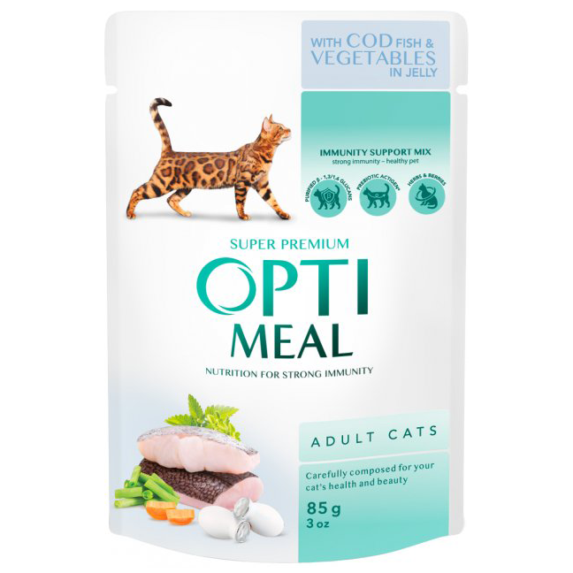 Вологий корм для котів Optimeal, з тріскою й овочами в желе, 85 г (853088) - фото 1