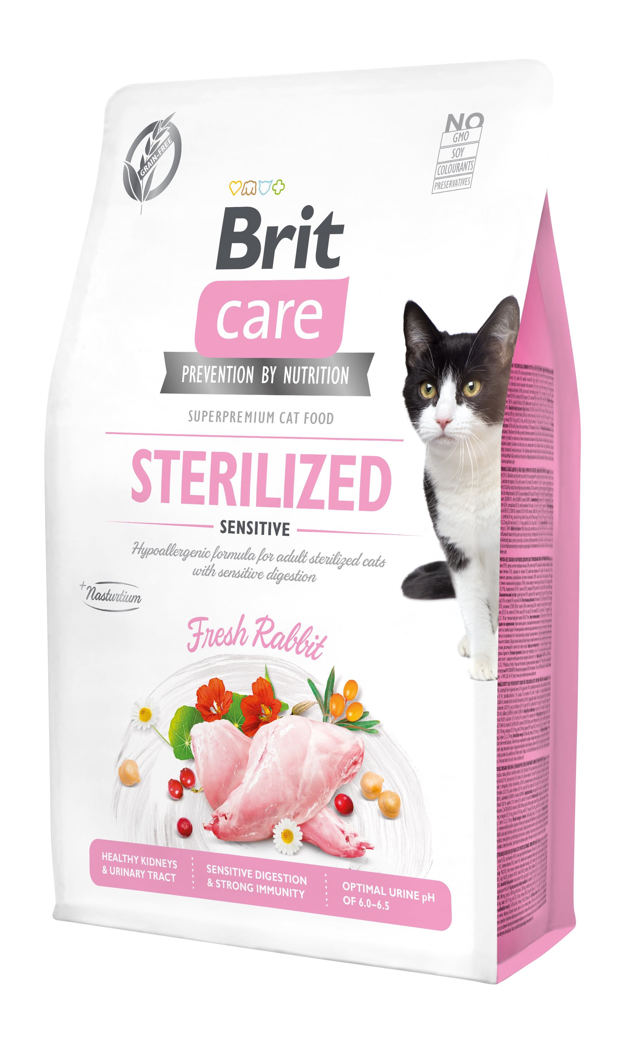 Беззерновой сухой корм для взрослых стерилизованных котов с чувствительным пищеварением Brit Care Cat GF Sterilized Sensitive, со свежим кроликом, 2 кг - фото 1