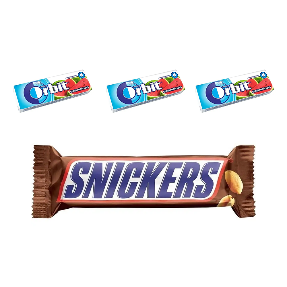Набір: батончик Snickers з арахісом 50 г + гумка жувальна Orbit Соковитий кавун 14 г 3 шт. - фото 1
