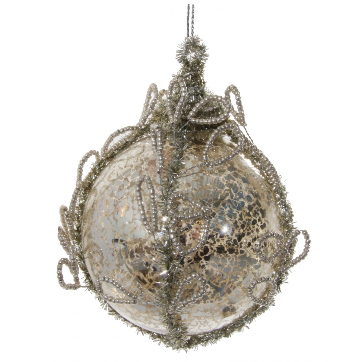 Украшение для елки Shishi Античный стеклянный шар с бусинами и мишурой, 8 см, серебристый (52066) - фото 1