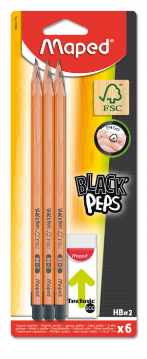 Олівці графітові Maped Black, HB, з гумкою, 6 шт. (MP.850017FC) - фото 1