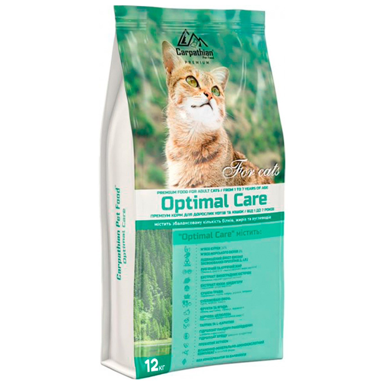 Сухой корм для взрослых кошек Carpathian Pet Food Optimal Care с курицей и морским окунем, 12 кг - фото 1