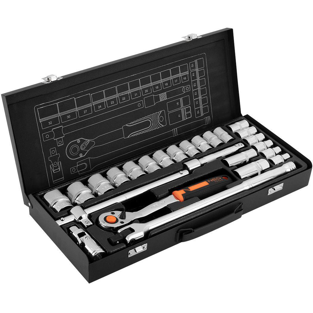 Набор инструментов Neo Tools 1/2", CrV, металевий кейс 25 шт. (10-036) - фото 1