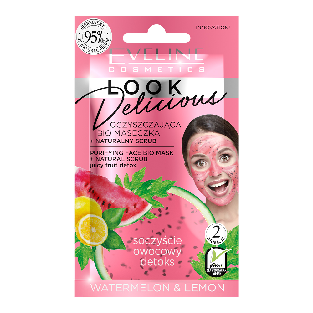 Очищающая bio маска Eveline Look Delicious, для лица с натуральным скрабом Watermelon&Lemon, 10мл - фото 1