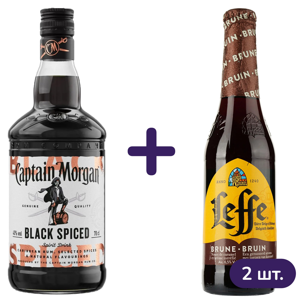 Набір: Ромовий напій Captain Morgan Black Spiced 40% 0.7 л + Пиво Leffe Brune темне 6.5% 0.33 л 2 шт. - фото 1