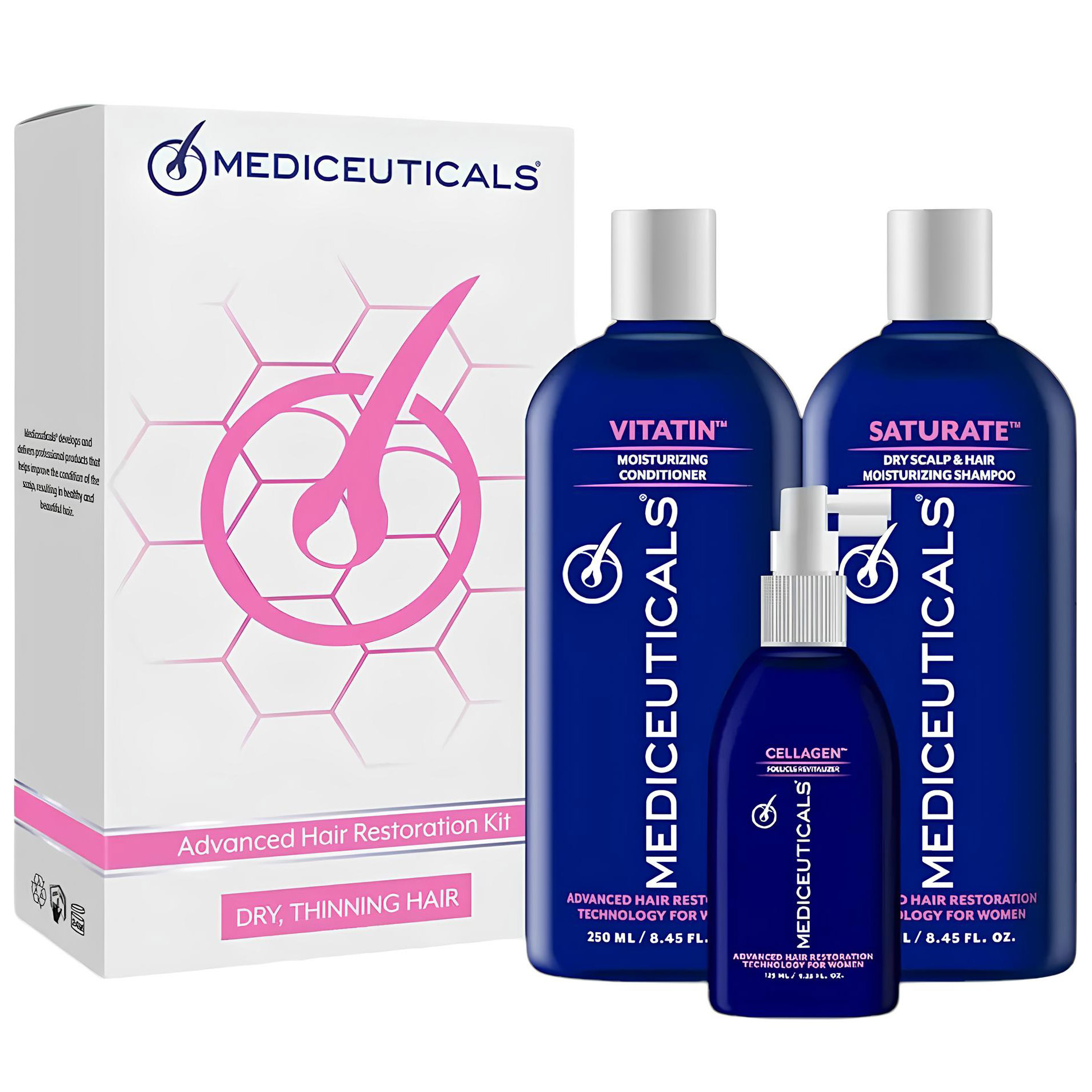 Восстанавливающий набор для сухих и тонких волос женский Mediceuticals Advanced Hair Restoration Kit: Шампунь Saturate 250 мл + Кондиционер Vitatin 250 мл + Сыворотка Cellagen Follicle Revitalizer 125 мл - фото 1