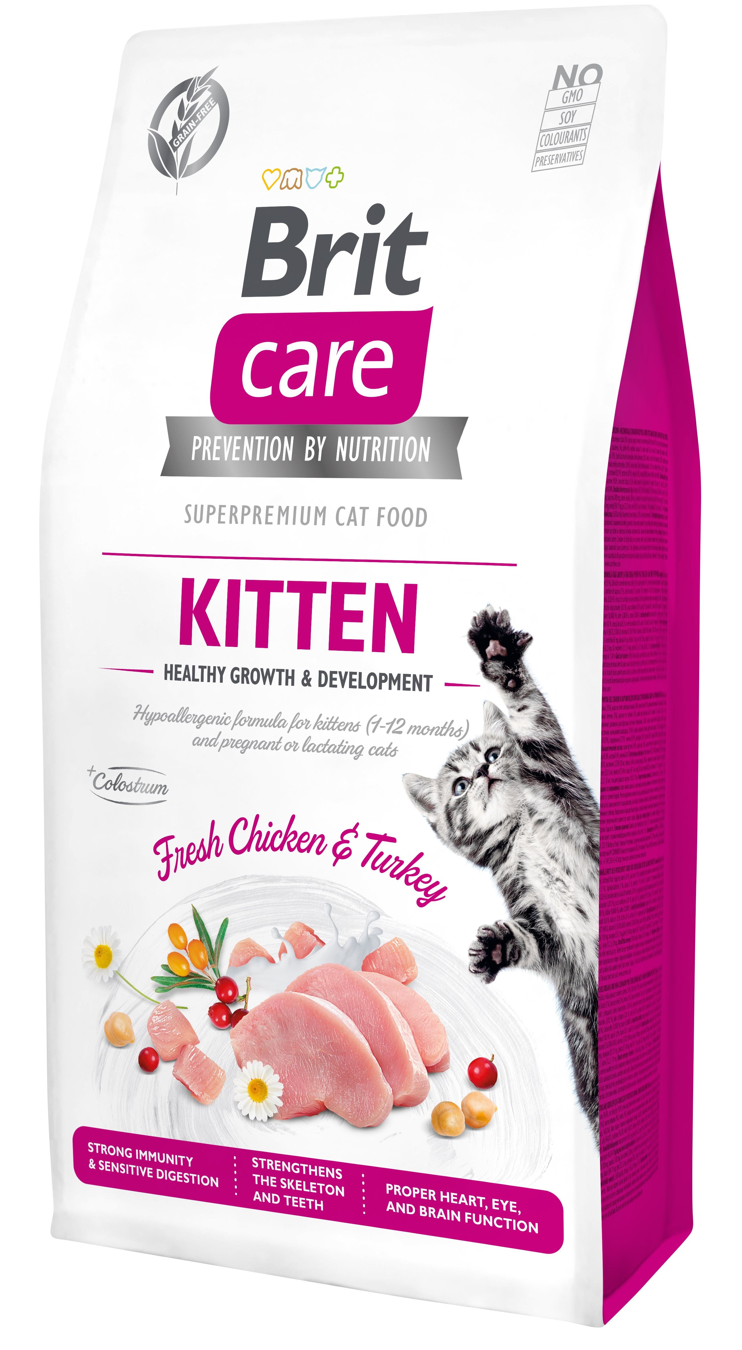 Беззерновой сухой корм для котят, а также для беременных или кормящих кошек Brit Care Cat GF Kitten Growth&Development, со свежей курицей и индейкой, 7 кг - фото 1